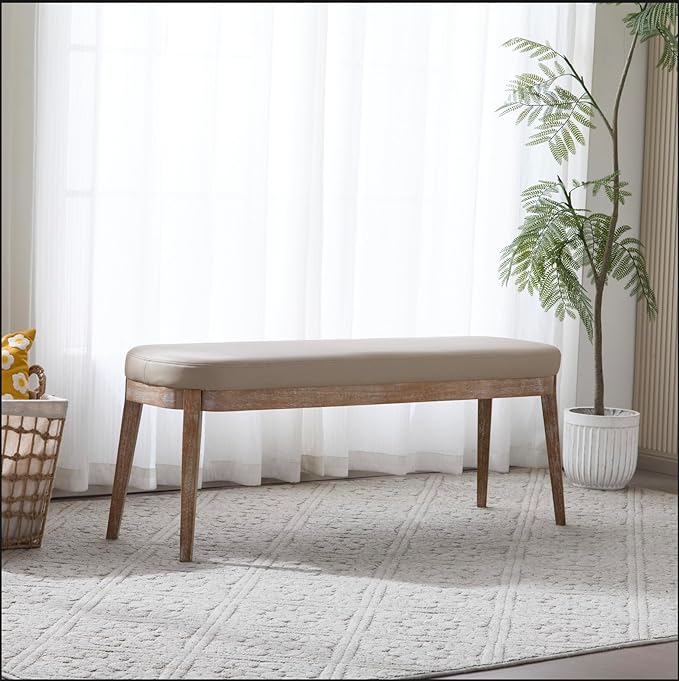 Christopher Knight Home Ella Mid-Century Faux Leather Upholstered Dining Bench, End of Bed Footrest, Entryway/Hallway Seating, Indoor Ottoman Bench with Padded Seat and Solid Wood Leg, Beige+Natural
