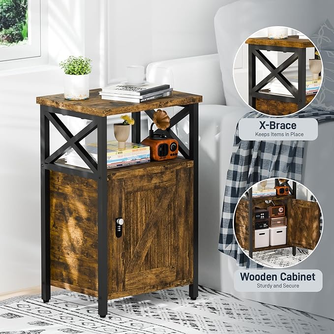 runjuly Night Stand with Locking Drawer, Bedside Table with Drawers, Wooden Bed Side Table with Storage Cabinet, Nightstand with Door, End Night Table for Bedroom, Dorm, Office, Rustic Brown