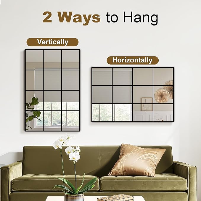 Window Mirrors for Wall Decor, Wall Mirrors Decorative Window Pane 24 x 36, Rectangular Metal Framed Wall Mounted Mirrors for Bedroom, Living Room, Dining Room, Entryway, Bathroom, Fireplace