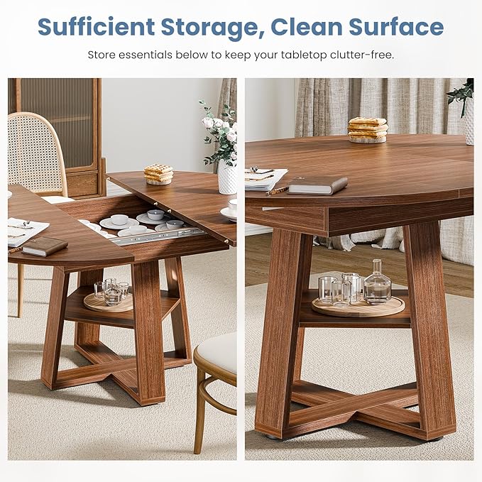 DUMOS Extendable Round Dining Table for 4-8, Modern Kitchen Oval Dinner Table with Storage Shelf, Wood Pedestal Table, Space Saving Modern Style, Brown