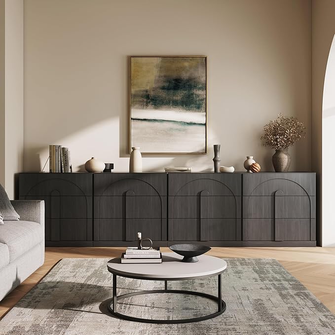 BELLEZE Sideboard Cabinet with 3 Drawers, Set of 4 Modern Wood Buffet Cabinet with Arc Design, Large Fluted Sideboard with Storage for Dining Room Living Room Entryway, Ebony