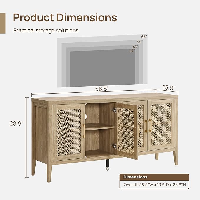 SICOTAS TV Stands for Living Room - Modern TV Console with 4 Doors Cabinet, 59" Television Stands Farmhouse Entertainment Center Media Console Credenza for 45 50 55 60 65 Inch TVs, Light Walnut