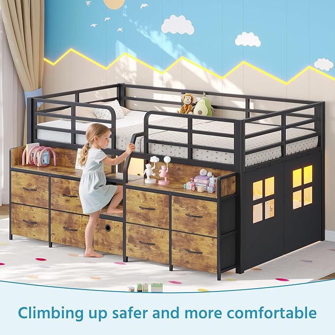 Dnxao Low Loft Bed Twin Size with 9 Drawers and Bookcase, Metal Twin Bed Frames for Kids with Under-Bed Play Space, LED Lights and Charging Station Bedroom Storage, Vintage Brown