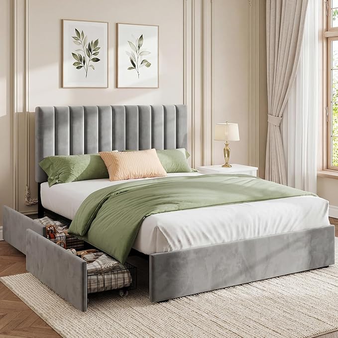 Welzona Queen Upholstered Bed Frame with 4 Storage Drawers, Velvet Upholstered Metal Platform Bed with Vertical Tufted Headboard, 3-Level Height, Metal Slat Support, Noise-Free Easy Assembly, Grey