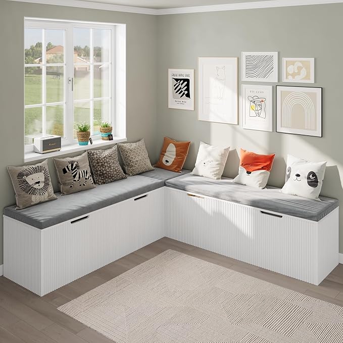 Bobve L-Shape Storage Bench with Cushion, Backless Corner Dining Bench, Kitchen Dining Nook Bench with Hidden Storage for Dining Room, Kitchen, Entryway (White)