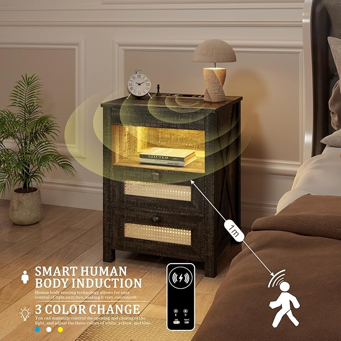 Night Stand Set 2 with Gun Drawer, Bedside Table with Charging Station, LED Nightstand with Human Sensor Light, Farmhouse End Table for Bedroom Living Room, Rustic