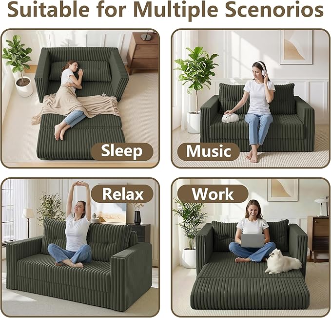 HABUTWAY 49.8" Loveseat Boneless Couch, 4-in-1 Convertible Sofa Bed, Plush Fur Folding Futon Sofa Bed Couches with a Pillow for Living Room, High-Density Foam Support, No Assembly Required, Green