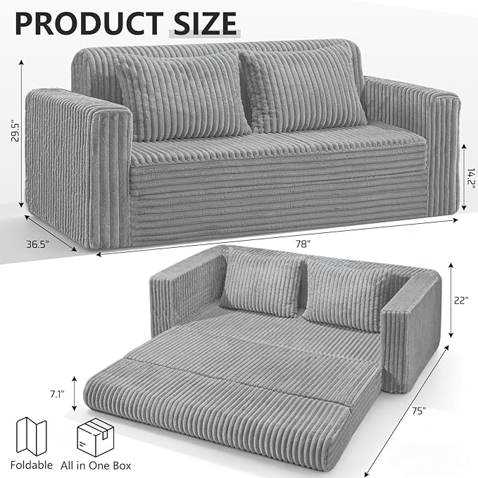 HABUTWAY 78" Loveseat Boneless Couch, 4-in-1 Convertible Sofa Bed, Plush Fur Folding Futon Sofa Bed Couches with 2 Pillows for Living Room, High-Density Foam Support, No Assembly Required, Light Grey