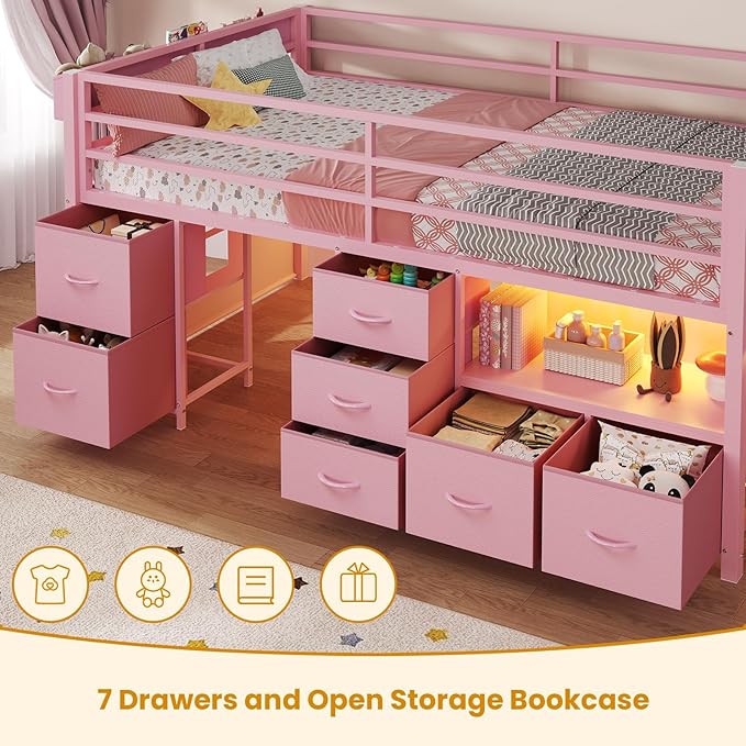 ADORNEVE Low Loft Bed Twin Size with Stairs,7 Drawers, Bookcase and LED Lights, Metal Kids Loft Bed with 14" H Safety Guardrail,Inclined Ladder and Play Curtain, Under-Bed Play Space, Pink
