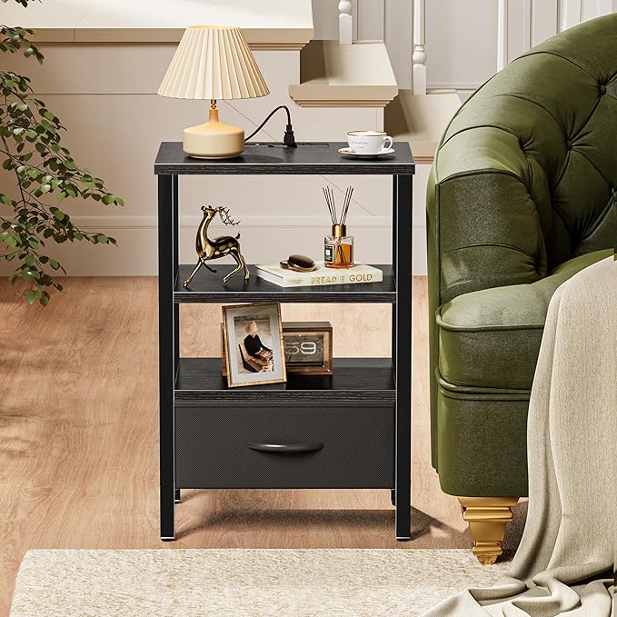 SUPERJARE Nightstand with Charging Station, Bed Side Table with Adjustable Fabric Drawer, Night Stand for Bedroom, 3-Tier Storage End Table, for Living Room, Black