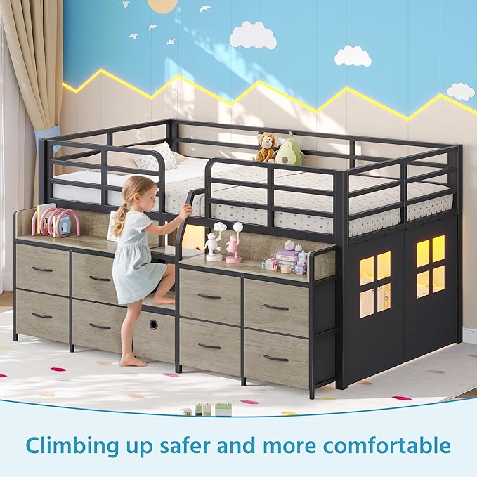 Dnxao Low Loft Bed Twin with 9 Drawers 2 Storage Bookcases,Twin Bed Frame for Kids with LED Lights and Charging Station,15" H Safety Guardrail,Under-Bed Play Space, Oak Gray