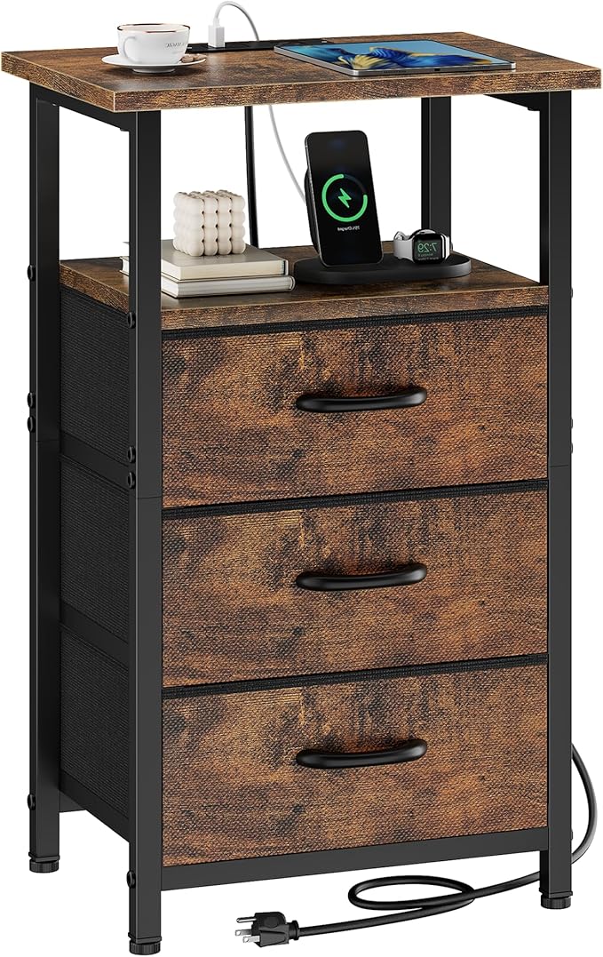 Vagusicc Nightstand with Charging Station, Bedside Table with USB Ports and Outlet, End Table Side Table with 3 Fabric Drawers and Storage Shelf, Bed Side Table Night Stand for Bedroom, Rustic Brown