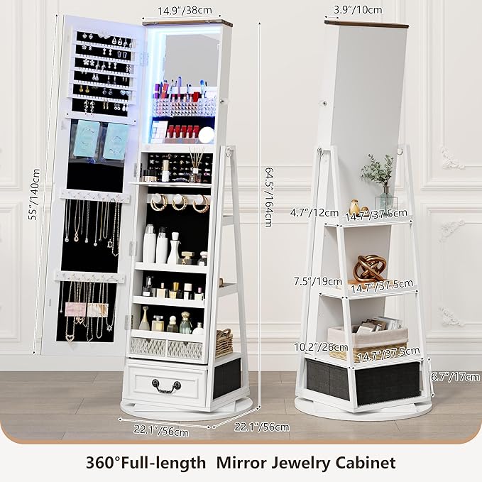 HWB Standing Full-Length Mirror Jewelry Armories, Jewelry Organizer with LED Lights 360° Swivel, Lockable Jewelry Cabinet, Jewelry Storage with Shelves & Stable Base White