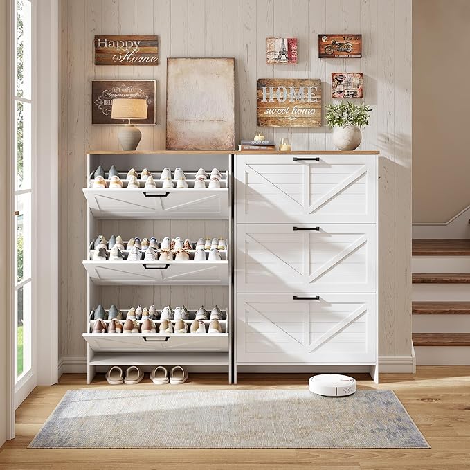 Shoe Storage Cabinet for Entryway, Nicetree Freestanding Shaker Barn Door Ultra Slim Shoe Cabinet With 3 Flip Drawers, Farmhouse Shoe Rack With 3-Tier Adjustable Shelves For Hallway Foyer Rustic-White