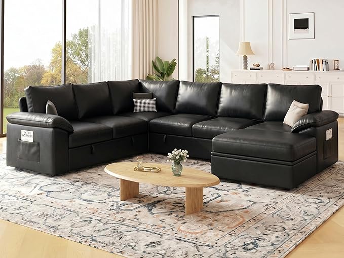 108 Inch Faux Leather Modular Sectional Sofa with Pull Out Bed,U Shaped 7 Seat Sectional Sleeper Sofa with Storage,Sectional Couches for Living Room,Cloud Modular Couch,Black Leather