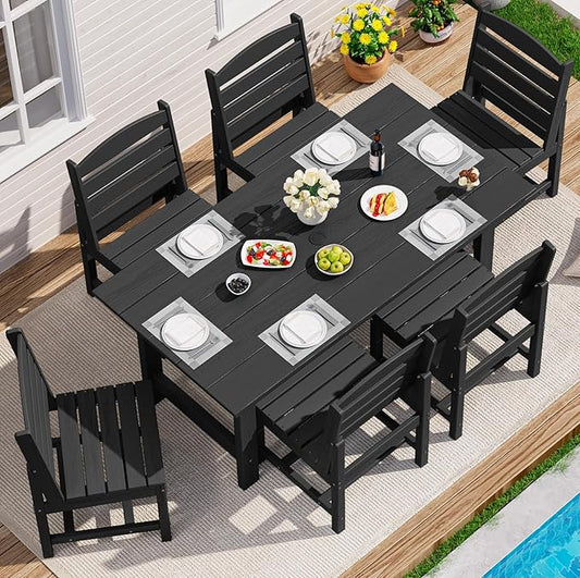 SERWALL Patio Dining Sets for 6 Person, HDPE Dining Set with 6 Armless Chairs, Black
