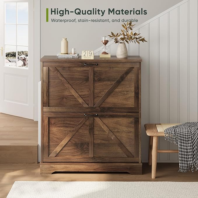 Smart FENDEE Shoe Cabinet, Shoe Storage Cabinet for Entryway with 2 Flip Drawers, Narrow Farmhouse Shoe Organizer Cabinet, Slim Shoe Rack Cabinet, 31.5in Walnut