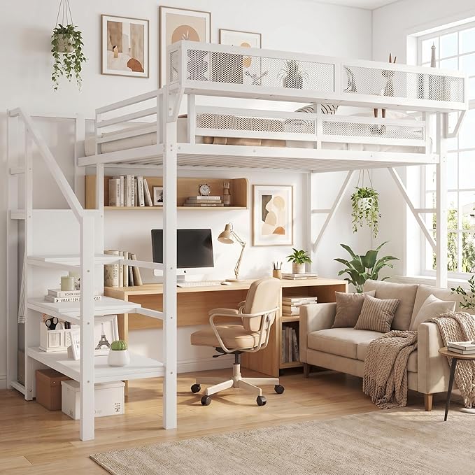 Mirightone Twin Size Loft Bed with Stairs and Storage, Metal Loft Bed Frame with A Shelf and Large Under-Bed Space, Heavy-Duty Loft Beds for Kids Boys Girls Teens, White