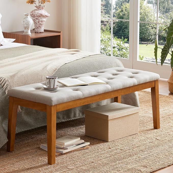 Ottoman Bench Upholstered Padded Seat with Solid Wood Legs and Button-Tufted, Big Oversized Ottoman, Linen Taupe