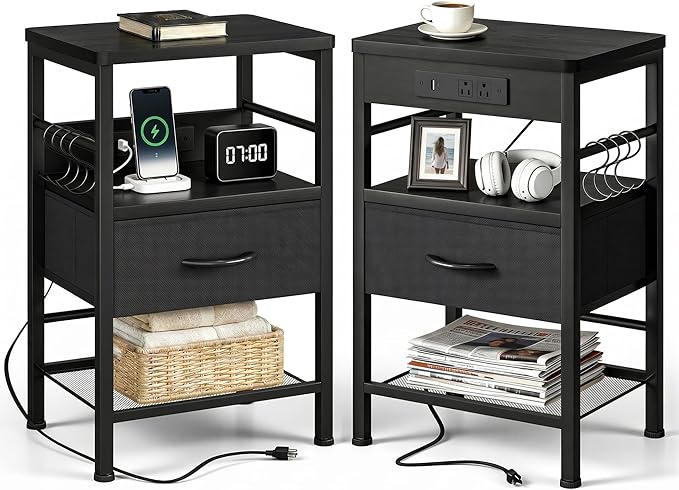 Lazzanto Nightstands Set of 2 with Charging Station, Bedside Tables with Open Shelf & Hooks, End Tables with USB-C USB-A Ports AC Outlets, Night Stand for Bedroom with Fabric Drawer, Black