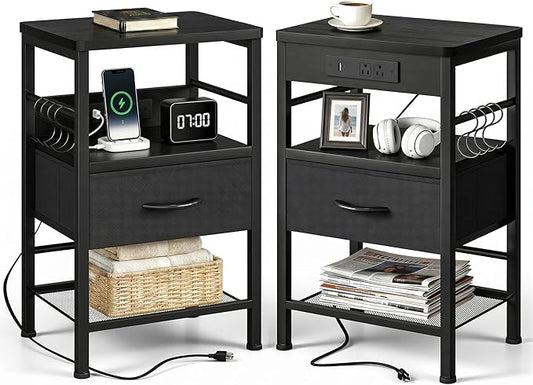 Lazzanto Nightstands Set of 2 with Charging Station, Bedside Tables with Open Shelf & Hooks, End Tables with USB-C USB-A Ports AC Outlets, Night Stand for Bedroom with Fabric Drawer, Black