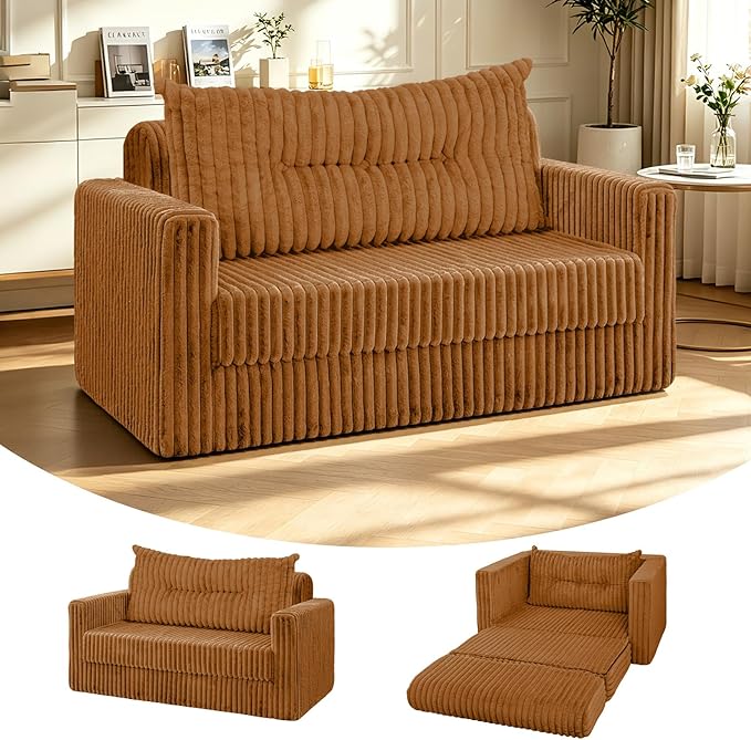 HABUTWAY 41.3" Loveseat Boneless Couch, 4-in-1 Convertible Sofa Bed, Plush Fur Folding Futon Sofa Bed Couches with a Pillow for Living Room, High-Density Foam Support, No Assembly Required, Orange