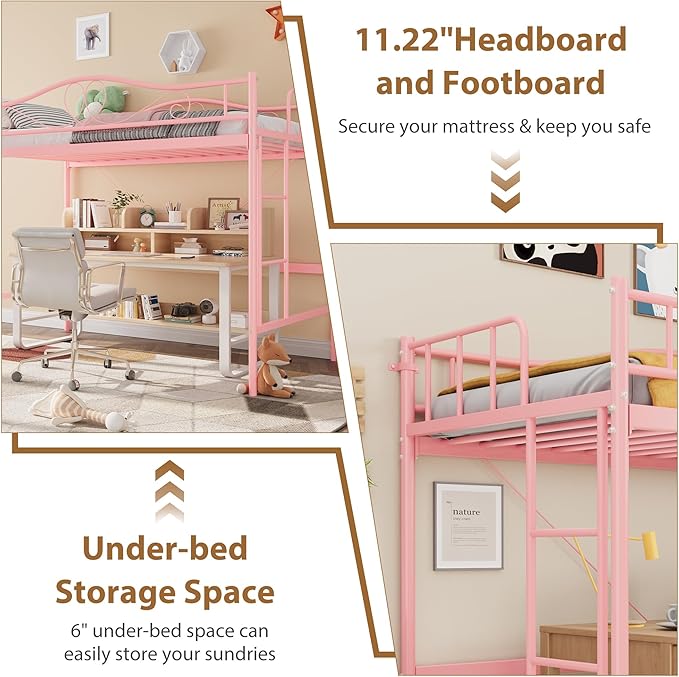 IDEALHOUSE Loft Bed Twin Size with Ladder & Full Safety Guardrail, Heavy Duty Metal Twin Loft Bed 400 Lbs Load Capacity, Space-Saving, Noise Free, No Box Spring Needed, Easy Assembly, Pink