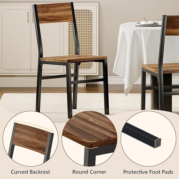 Feonase Dining Chairs and Benches Set of 4, Modern Dining Room Chairs with Ergonomic Backrest, Wood Structure & Metal Legs, for Kitchen, Dining Room, Space-Saving, Easy to Assemble & Clean, Walnut