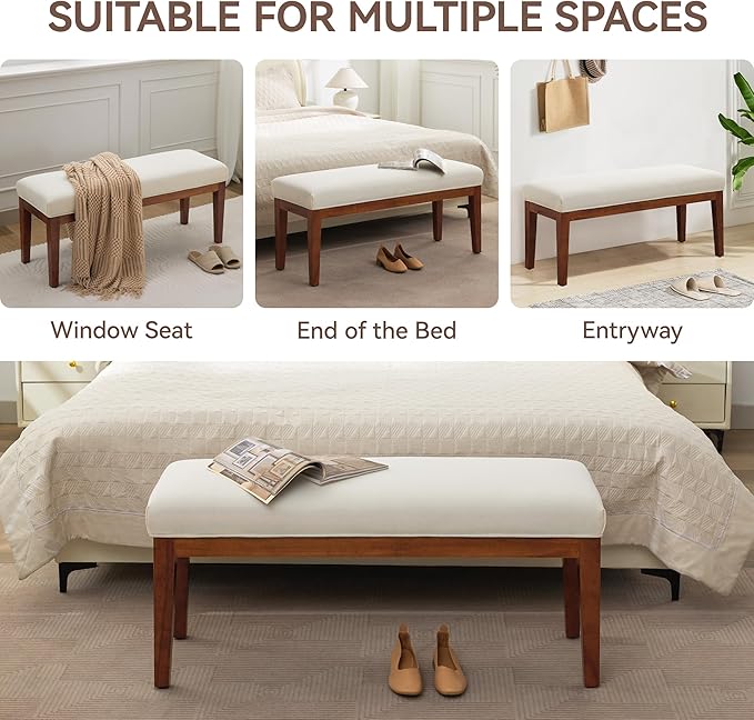 WUTUTUEE 43.5'' Linen Bedroom Bench, Upholstered End of Bed Bench, Padded Vintage Dining Bench, Entryway Bench with Solid Wood Legs, Kitchen, Living Room, Hallway, White