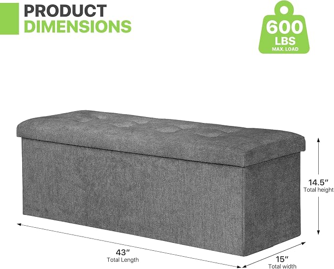 Magshion Folding Storage Ottoman Bench, 43 Inches Ottoman Foot Rest, Large End of Bed Bench, Storage Chest for Living Room, Entryway, Bedroom, 600 lbs Load Capacity, 15 x 43 x 15 Inches, Dark Gray