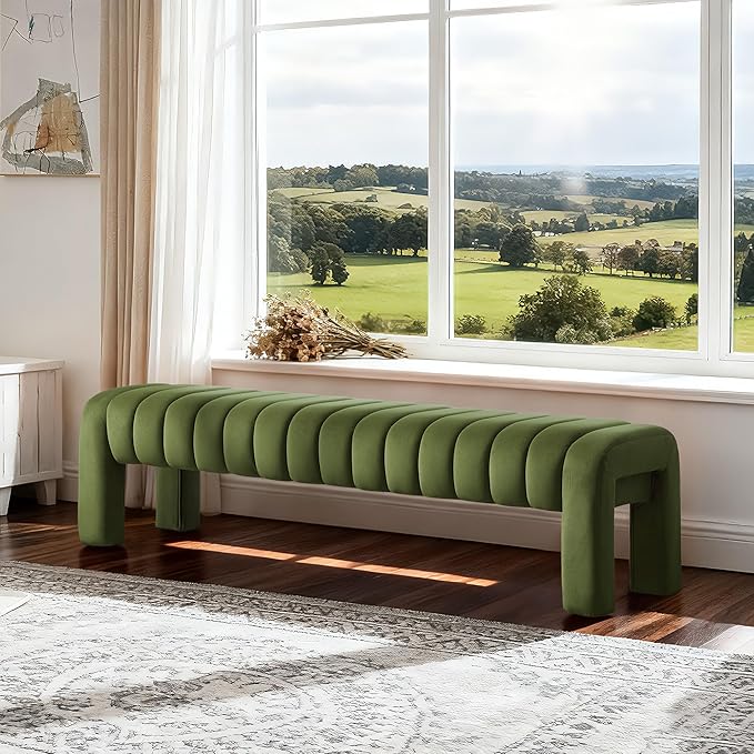 63’’ Bedroom Bench, Upholstered End of Bed Bench with Solid Wood Legs, Modern Dining Bench with Full Covered Fabrics for Entryway, Bedroom, Living Room (Green, Velvet)