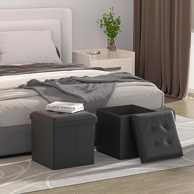 MoNiBloom Folding Storage Ottoman Cube, 15 Inches Small Ottoman with Storage, Footstool Rest Padded Seat for Living Room, Bedroom, Entryway, Hallway, Black