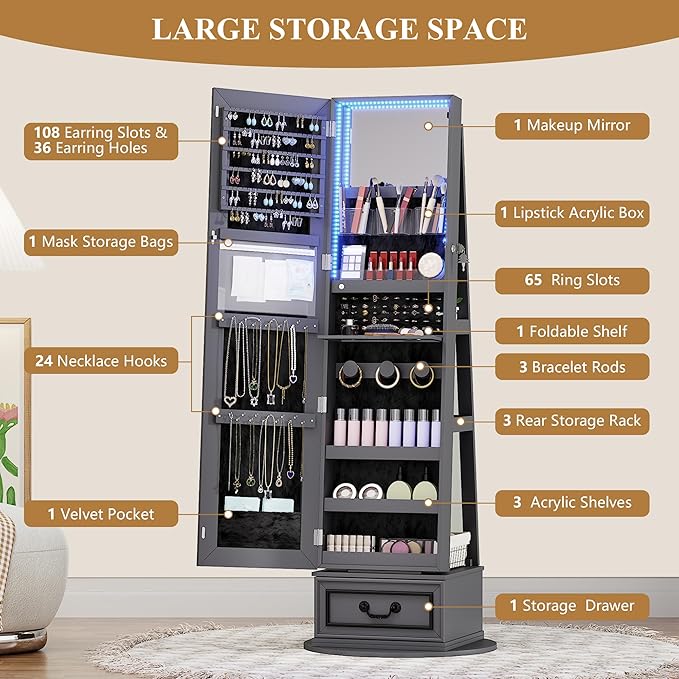 Vlsrka Mirror Jewelry Cabinet Standing, 360° Swivel Jewelry Armoire with Full Length Mirror, Lockable Mirror with Jewelry Storage, 3-Color LED Lights, Foldable Makeup Shelf, Grey