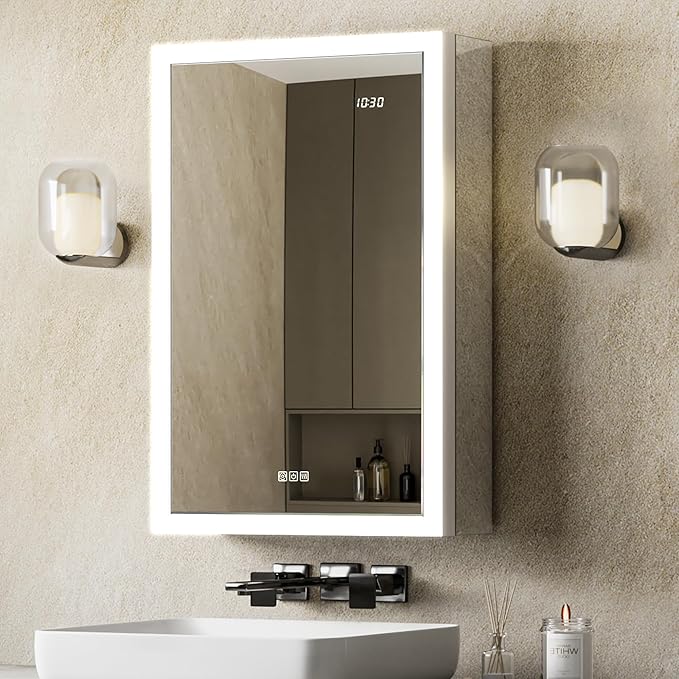 LED Medicine Cabinet Mirror 24x32 Surface or Recessed Fogless Lighted Medicine Cabinet with Mirror, Time Display & Stepless Dimming, Built-in Auto-Sensing LED, 2 Outlet &USB, Door Right Open