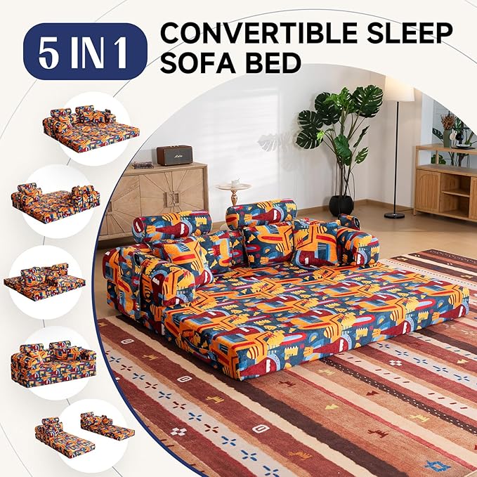 79" Convertible Boneless Couch for Small Spaces, 6-in-1 Corduroy Sofa Bed with High Backrest, Pillows, High-Density Foam Loveseat Sleeper Couch in a Box for Living Room, No Assembly, Graffiti B