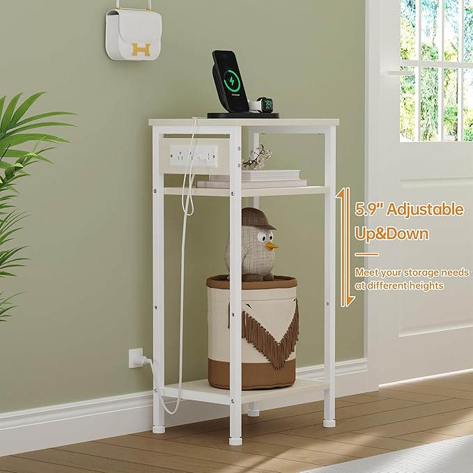 Asgolion Tall End Table with Charging Station, 3 Tier Narrow Tall Nightstand with Storage, Slim Side Table for Bedroom, Living Room, Nursery, Office, Cream White