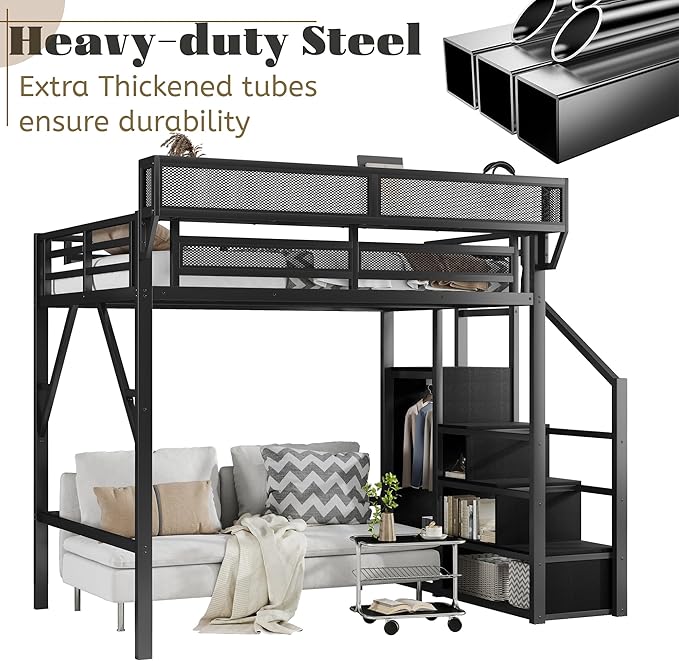 Mirightone Full Size Loft Bed with Stairs and Storage, Metal Loft Bed Frame with Bedside Shelf and Large Under-Bed Space, Heavy-Duty Loft Beds for Adults Teens and Kids, Convertible Staircase, Black