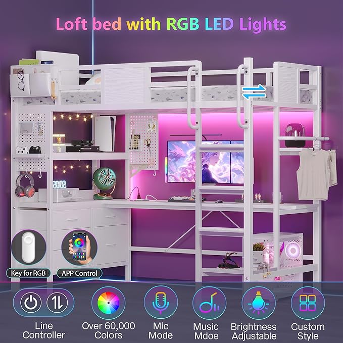 BYSAUD Twin Loft Bed with Desk and Storage, Metal Bunk Bed with 5 Drawers and 2 Pegboards, Heavy Duty Loft Bed Twin Size with LED Lights and Charging Station for Teens Adults, Noise Free, White