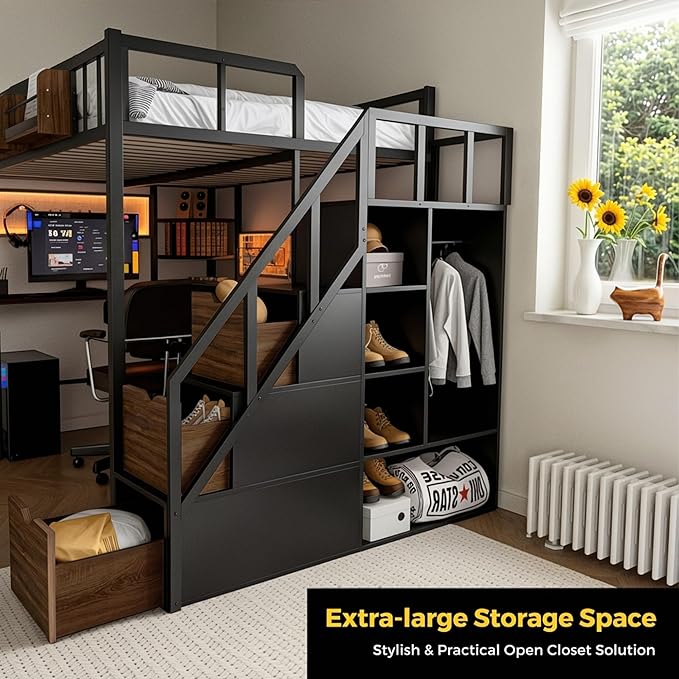 Full Size Loft Bed with Desk and Stairs, Headboard, Wardrobe, Bedside Storage Shelf, 6 Drawers, Charging Station & LED Light, Metal Gaming Loft Bed Frame for Adult Space-Saving, Black & Walnut