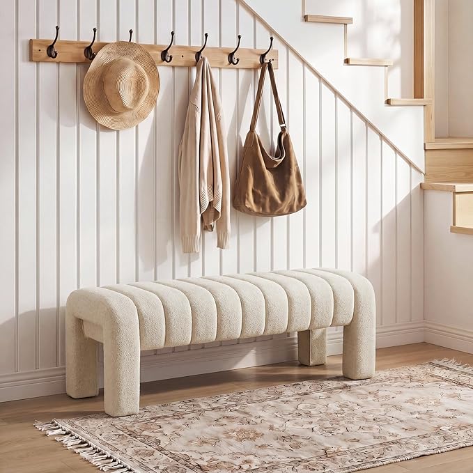 43’’ Bedroom Bench, Upholstered End of Bed Bench with Solid Wood Legs, Modern Small Dining Bench with Full Covered Fabrics for Entryway, Bedroom, Living Room (Beige, Linen)