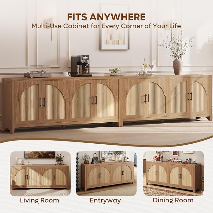Bestier 70" Sideboard Buffet Cabinet with Storage, Large Modern Storage Credenza with Arch Fluted Doors & Adjustable Shelves, Farmhouse Wood Coffee Bar for Living Room, Kitchen, Entryway, English Oak