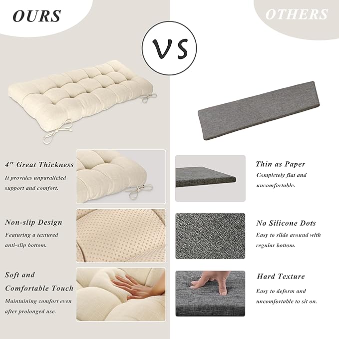Bench Cushion for Indoor Furniture 48x19 inch Rectangle Bench Seat Cushion for Bay Window Entryway Bench Thick Textured Chair Cushion with Non-Slip Backing 2 Pack, Beige