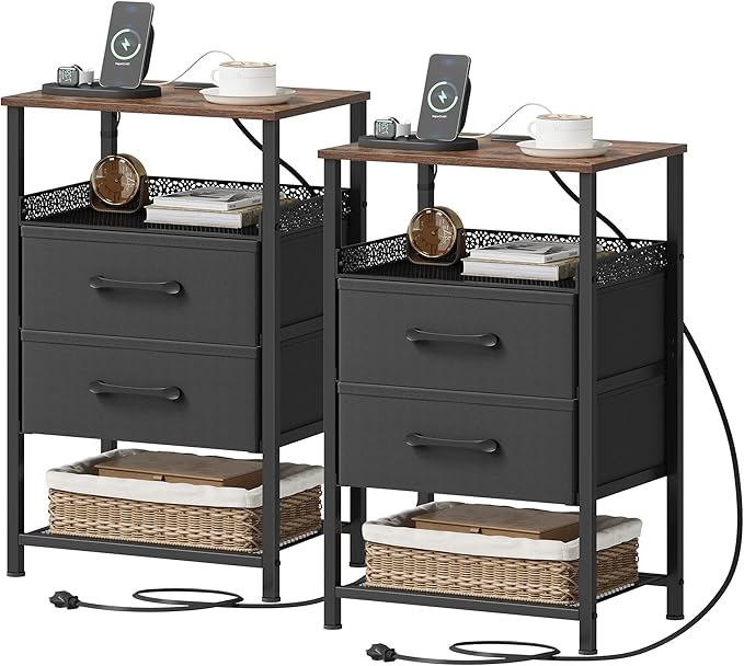 JARHETUN Nightstand Set of 2, Night Stands with Charging Station, 26.4 Inch Tall Bedside Table with Metal Shelf, Side Table with 2 Fabirc Drawers for Bedroom, Rustic Brown