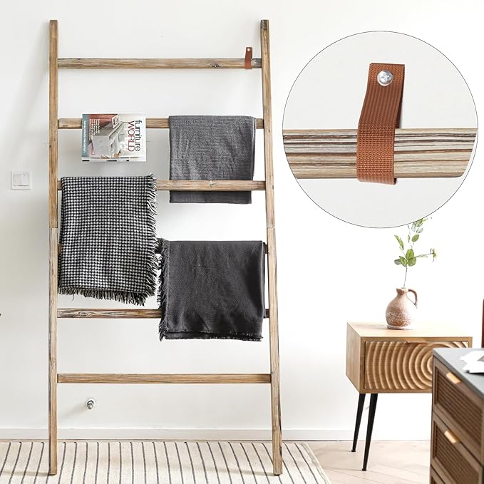 FUIN Extra Wide 6.4ft Wooden Blanket Ladder Living Room Decorative Wal Leaning Farmhouse Quilt Display Holder Rustic Wood Towel Rack for Bathroom, Burnt Brown, 38 inch Wide