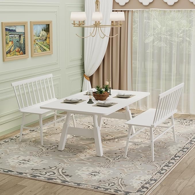 APRTAT Bamboo Entryway Bench, Farmhouse Dining Bench with Spindle Back 3 Person Indoor Bench Chair Wood Windsor Bench Easy Assembly for Foyer Balcony Hallway Living Room (White)