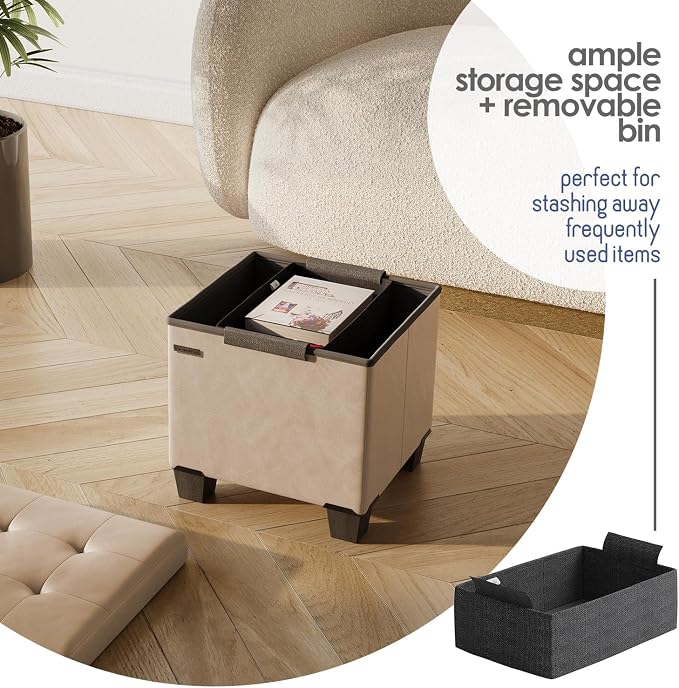 Storage Ottoman Cube with Small Bin, 15-in Square Ottoman with Storage for Living Room and Bedroom, Small Ottomans Foot Rest, Leather Foot Stools Ottomans Max 330lbs, Taupe