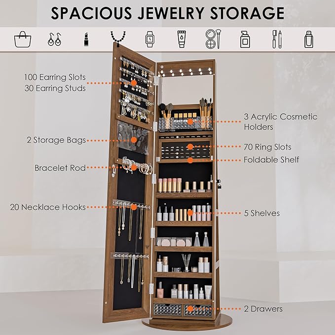 Zamildon's 360° Swivel Jewelry Mirror Cabinet, Lockable Standing Jewelry Armoire with Full Length Mirror, Storage Shelves, Built-in Makeup Mirror (Rustic Brown)