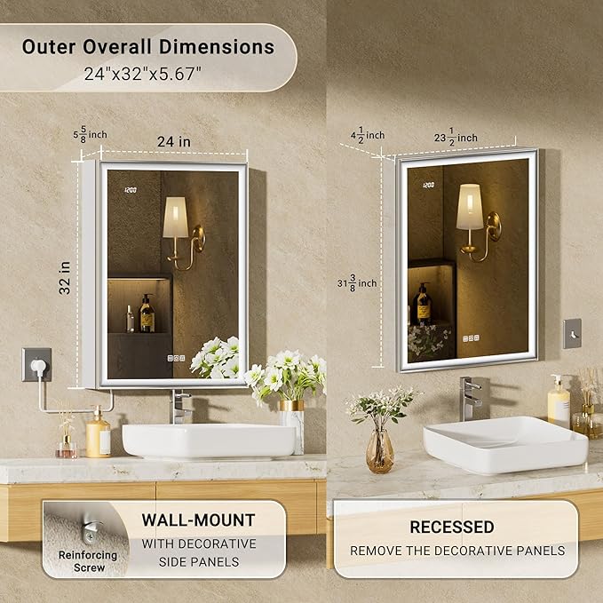 24x32 Lighted Medicine Cabinet with Mirror, Beveled Brushed Nickel Framed Surface or Recessed Fogless Dimmable LED Medicine Cabinet with Outlet, Time Display and Sensor Inner Light