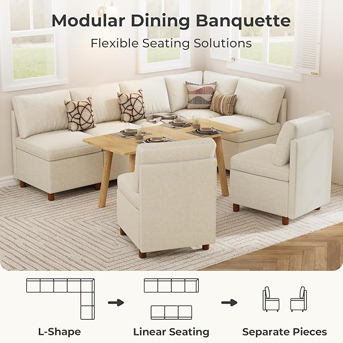SITJOY Breakfast Nook Bench with Storage, Modular Corner Kitchen Banquette Seating, Dining Settee Couch, Upholstered Dining Bench with Back, Soft-to-Touch Fabric in Beige, 7-Seat L Shaped Nook