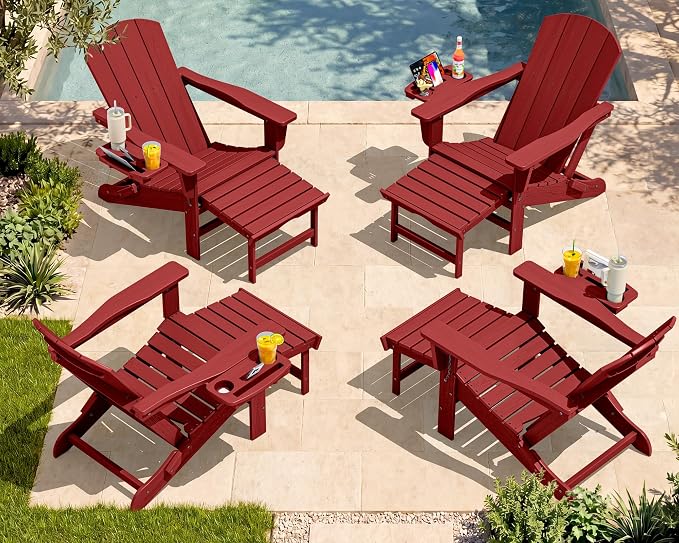 SERWALL Folding Adjustable Adirondack Chairs with Footrest Set of 4, HDPE Outdoor Chair with 4-in-1 Cup Holders, All Weather Adirondack Chair with Ottoman, Red